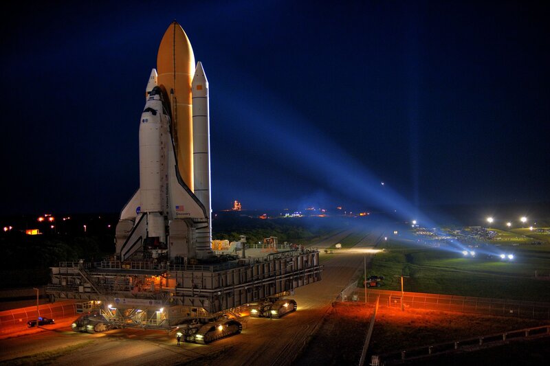 Space Shuttle on Launch Pad — Black, Dramatic, Night, Photograph, Launch Tower, Spotlights