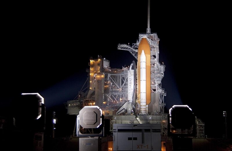 Space Shuttle on Launch Pad — Black, Dramatic, Night, Photograph, Launch Tower