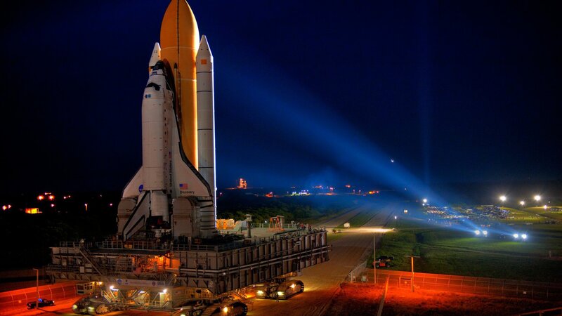 Space Shuttle on Launch Pad — Black, Dramatic, Night, Photograph, Rocket