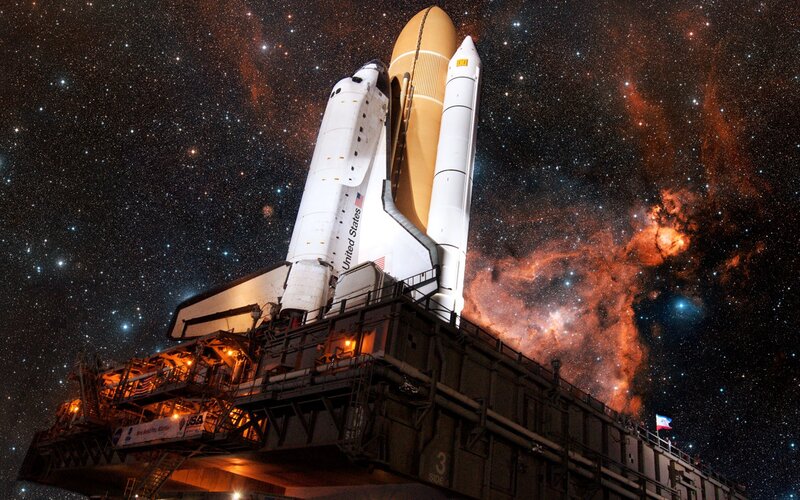 Space Shuttle on Launch Pad — Black, Dramatic, Night, Photograph, Stars