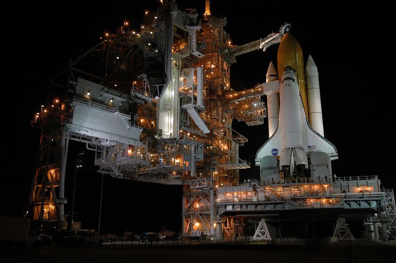 Space Shuttle on Launch Pad — Black, Dramatic, Night