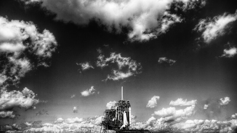 Space Shuttle on Launch Pad — Black, Dramatic, Photograph
