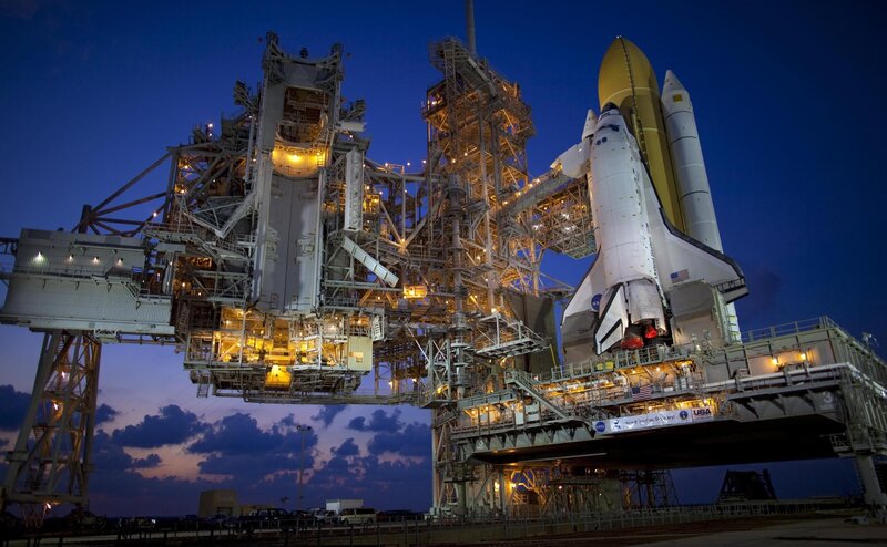 Space Shuttle on Launch Pad — Blue, Dramatic, Night, Photograph, Launch Structure, Rocket
