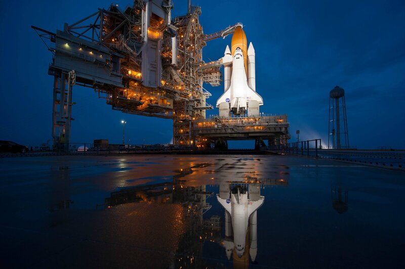Space Shuttle on Launch Pad — Blue, Dramatic, Night, Photograph, Launch Structure