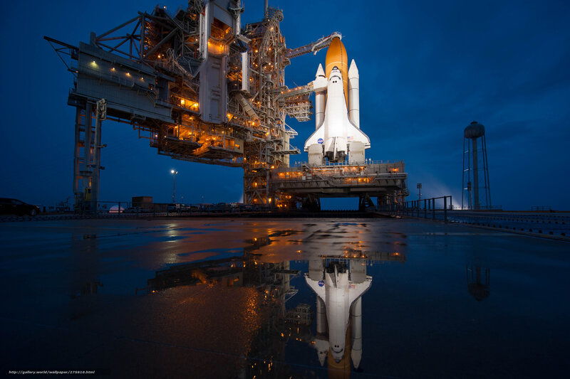 Space Shuttle on Launch Pad — Blue, Dramatic, Night, Photograph, Launch Structure, Water Tower, Puddle