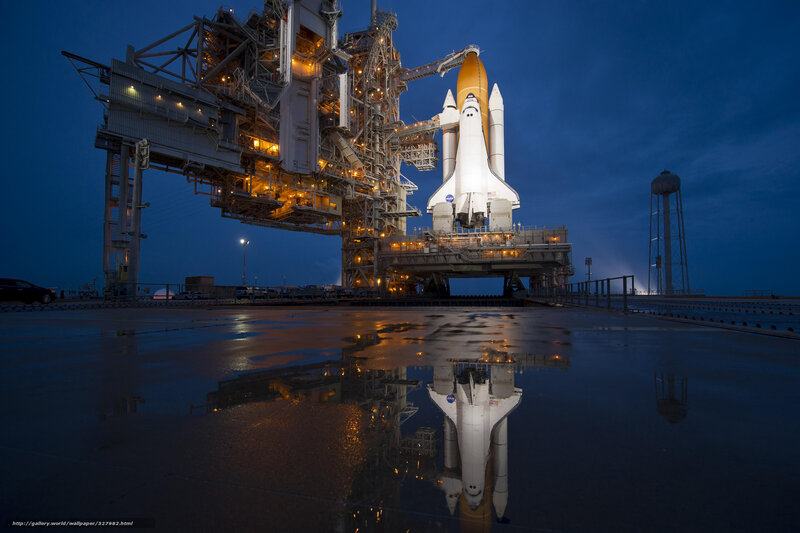 Space Shuttle on Launch Pad — Blue, Dramatic, Night, Photograph, Launch Structure, Water Tower