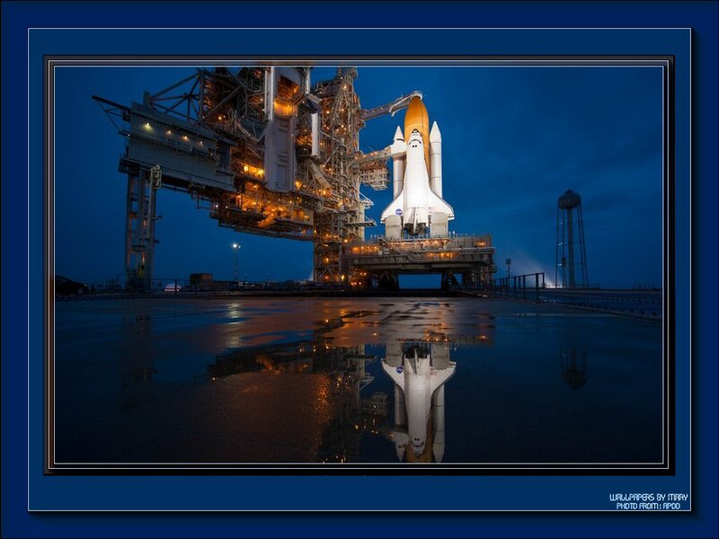 Space Shuttle on Launch Pad — Blue, Dramatic, Night, Photograph, Launch Tower, Reflection