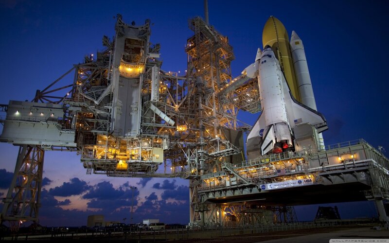 Space Shuttle on Launch Pad — Blue, Dramatic, Night, Photograph, Launch Tower, Rocket