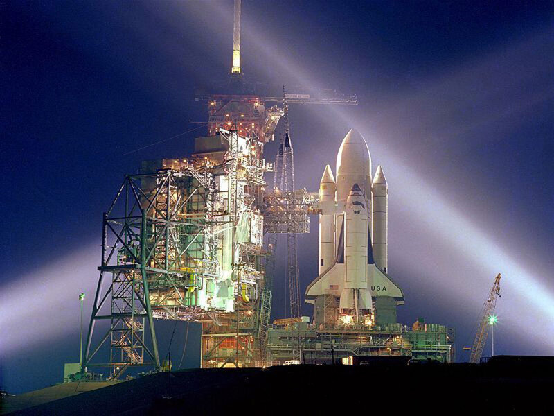 Space Shuttle on Launch Pad — Blue, Dramatic, Night, Photograph, Launch Tower, Spotlights, Crane