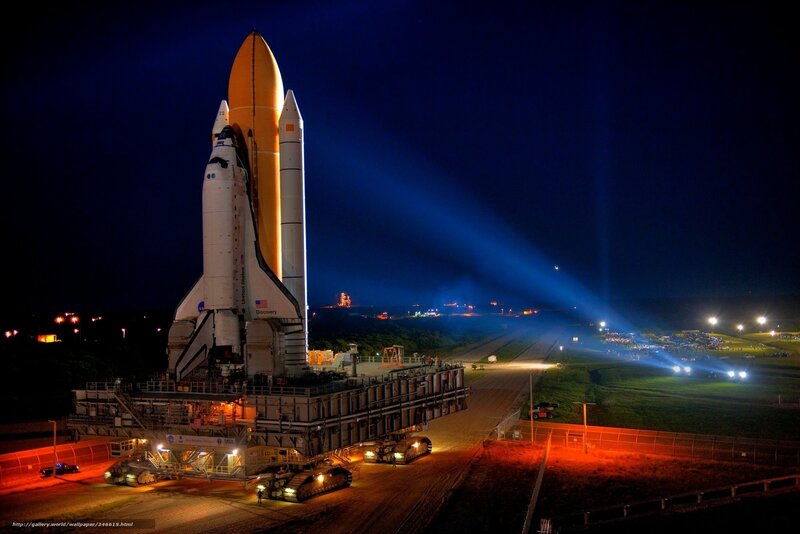Space Shuttle on Launch Pad — Blue, Dramatic, Night, Photograph, Launch Tower, Spotlights, Crowd