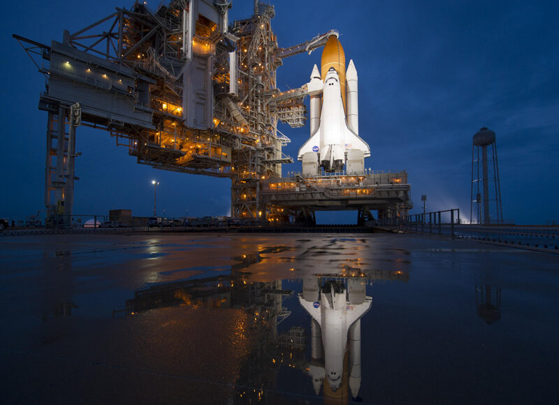 Space Shuttle on Launch Pad — Blue, Dramatic, Night, Photograph, Launch Tower
