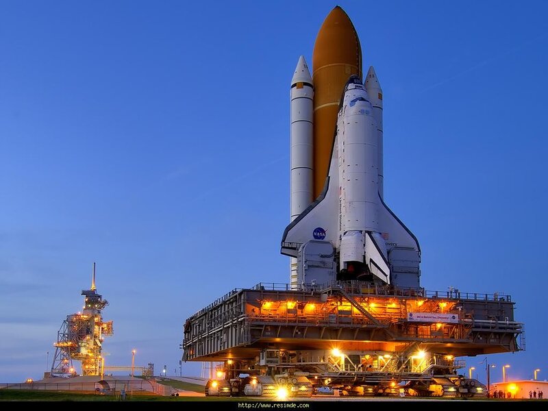 Space Shuttle on Launch Pad — Blue, Dramatic, Night, Photograph, Rocket, Launch Tower