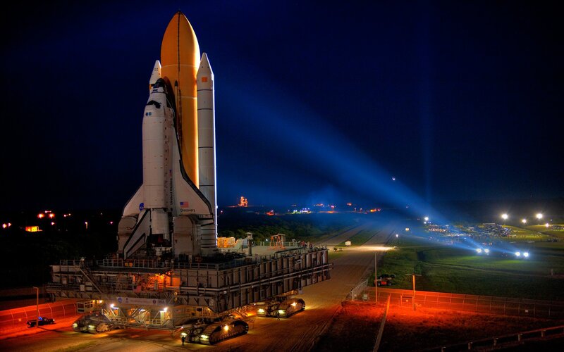 Space Shuttle on Launch Pad — Blue, Dramatic, Night, Photograph, Rocket, Lights, Crowd