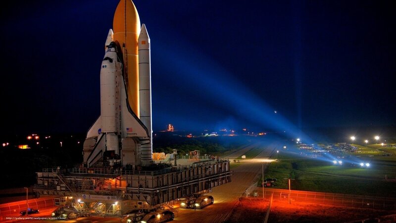 Space Shuttle on Launch Pad — Blue, Dramatic, Night, Photograph, Rocket