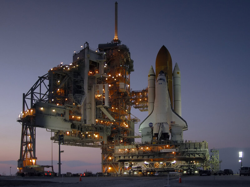 Space Shuttle on Launch Pad — Blue, Dramatic, Sunset, Photograph, Launch Tower, Rocket