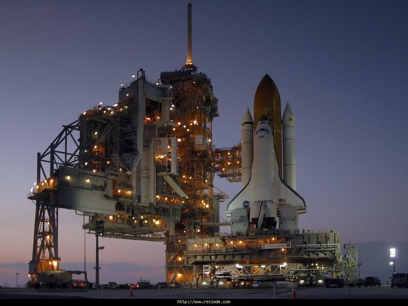 Space Shuttle on Launch Pad — Blue, Dramatic, Sunset, Photograph, Launch Tower, Solid Rocket Boosters