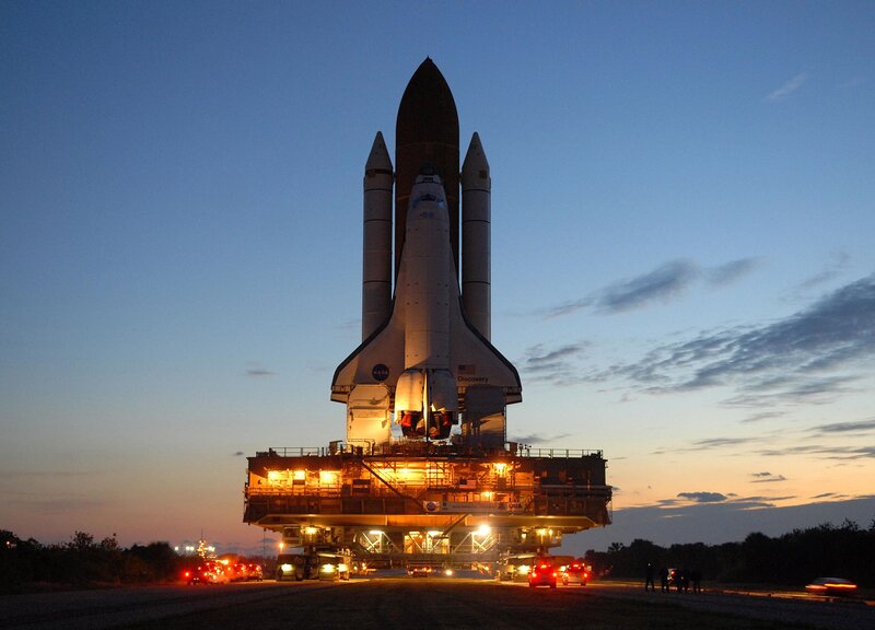 Space Shuttle on Launch Pad — Blue, Dramatic, Sunset, Photograph, Rocket Boosters