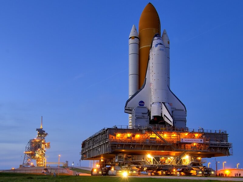 Space Shuttle on Launch Pad — Blue, Dramatic, Sunset, Photograph, Rocket, Launch Tower, Grass