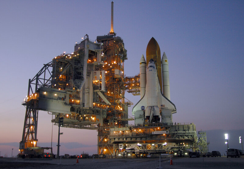 Space Shuttle on Launch Pad — Blue, Dramatic, Sunset, Photograph