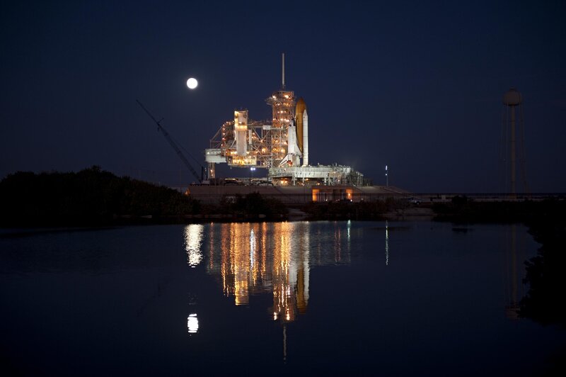 Space Shuttle on Launch Pad — Blue, Serene, Night