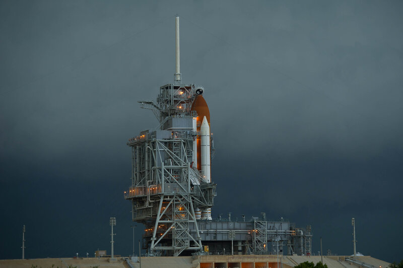 Space Shuttle on Launch Pad — Gray, Dramatic, Night