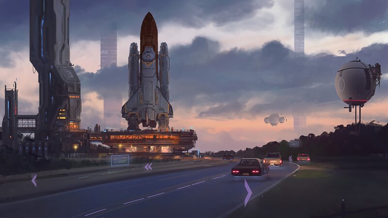 Space Shuttle on Launch Pad — Gray, Dramatic, Sunset