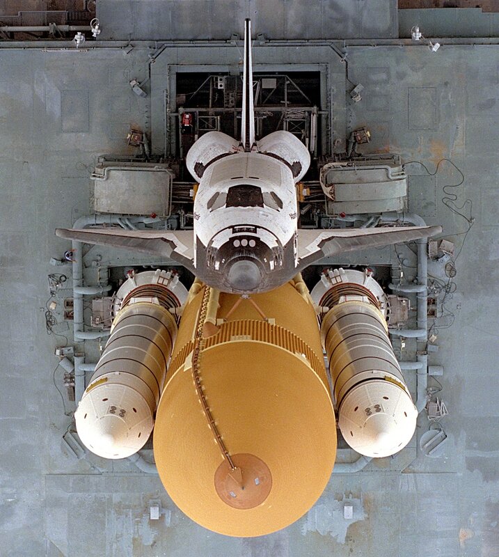 Space Shuttle on Launch Pad — Gray, Industrial, Photograph