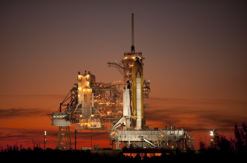 Space Shuttle on Launch Pad — Orange, Dramatic, Sunset, Photograph, Launch Tower, Rocket