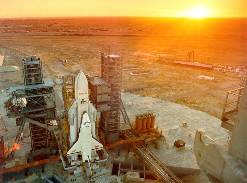 Space Shuttle on Launch Pad — Orange, Dramatic, Sunset, Photograph