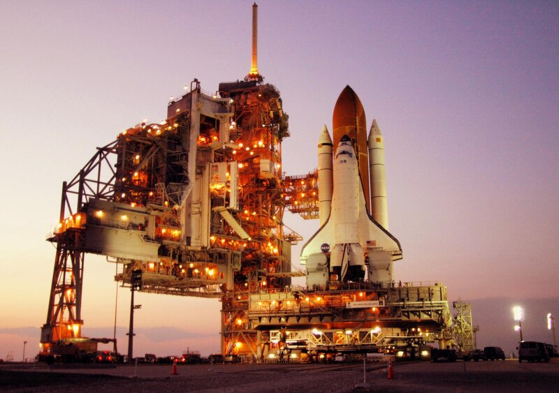 Space Shuttle on Launch Pad — Purple, Dramatic, Sunset