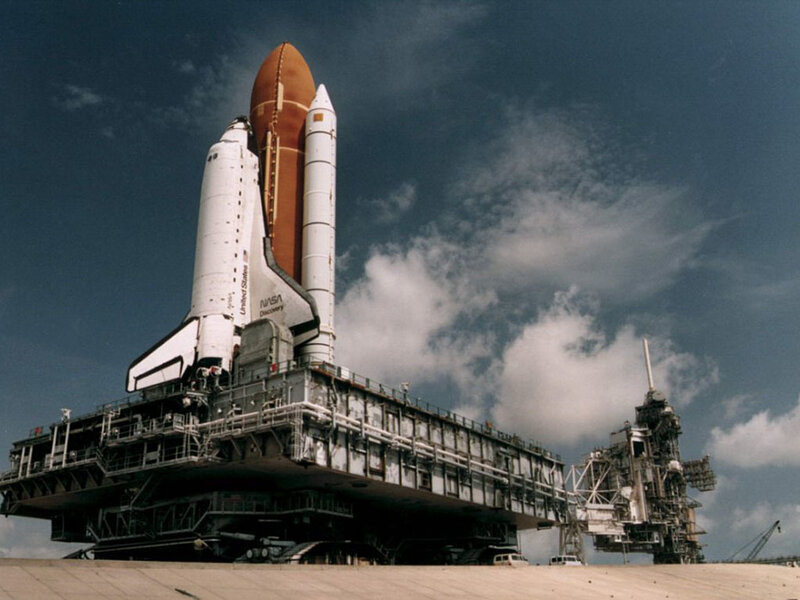 Space Shuttle on Launch Pad — White, Dramatic, Afternoon, Photograph, Rocket