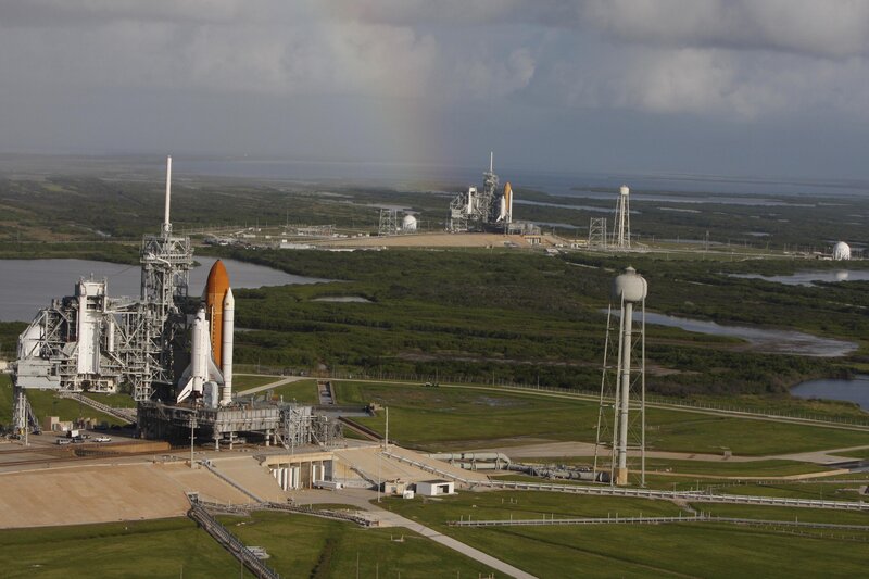 Space Shuttle on Launch Pad — White, Dramatic, Afternoon
