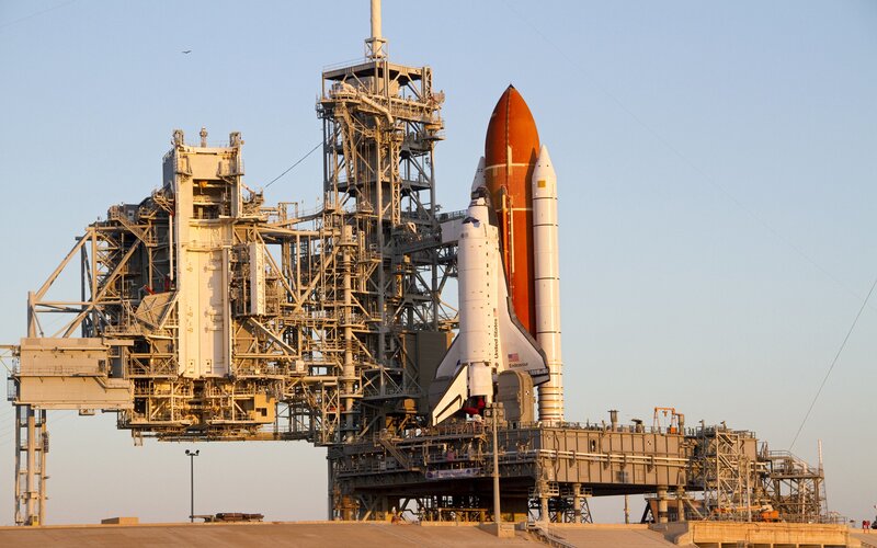 Space Shuttle on Launch Pad — White, Dramatic, Morning