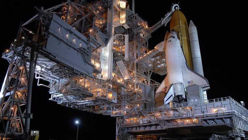 Space Shuttle on Launch Pad — White, Dramatic, Night, Photograph, Launch Tower