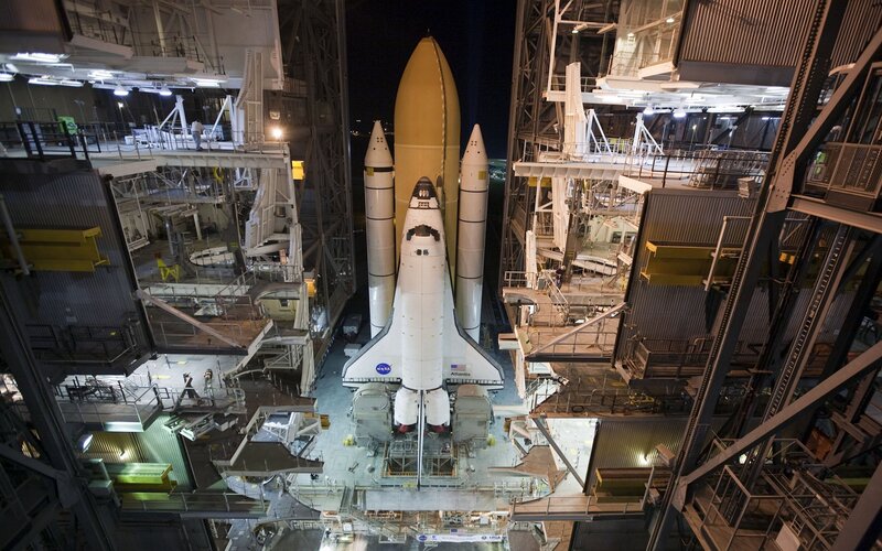 Space Shuttle on Launch Pad — White, Dramatic, Night, Photograph, Rocket