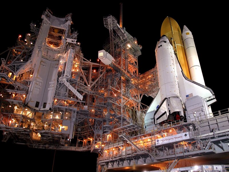 Space Shuttle on Launch Pad — White, Dramatic, Night, Photograph