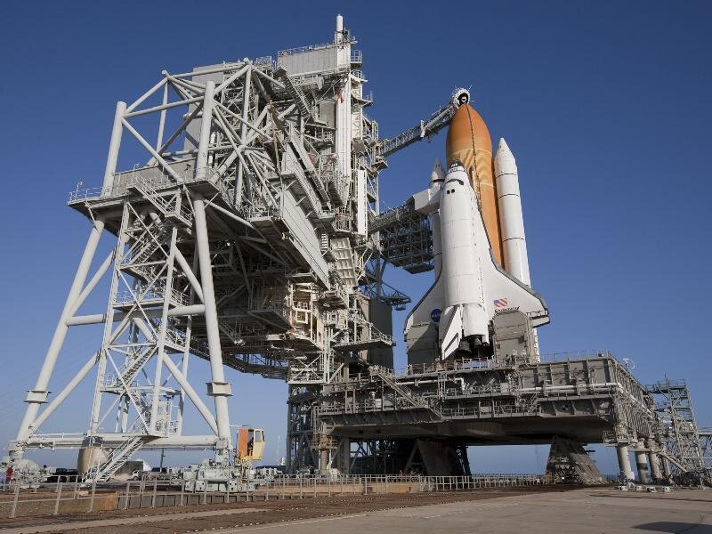 Space Shuttle on Launch Pad — White, Dramatic