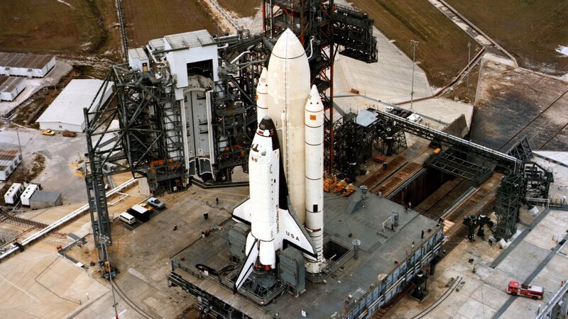 Space Shuttle on Launch Pad — White, Industrial, Afternoon, Photograph