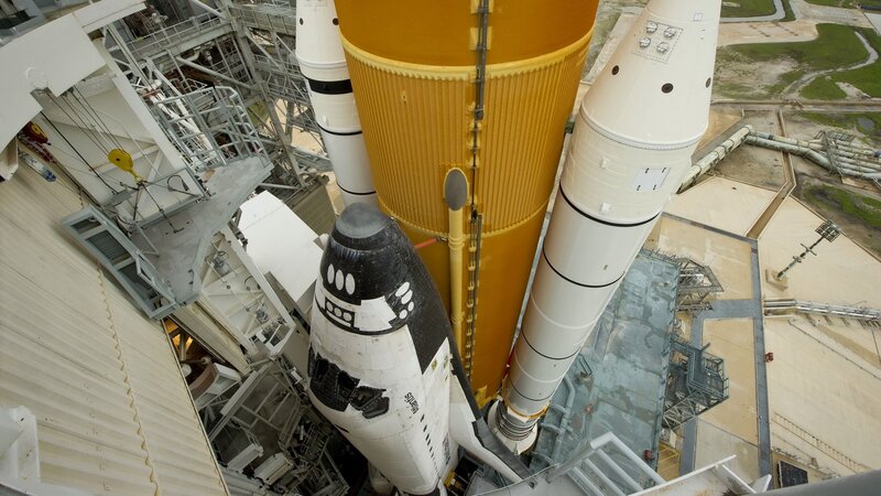Space Shuttle on Launch Pad — White, Industrial, Photograph