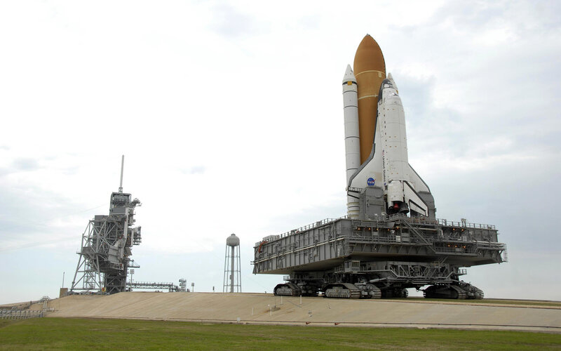 Space shuttle on transport vehicle
