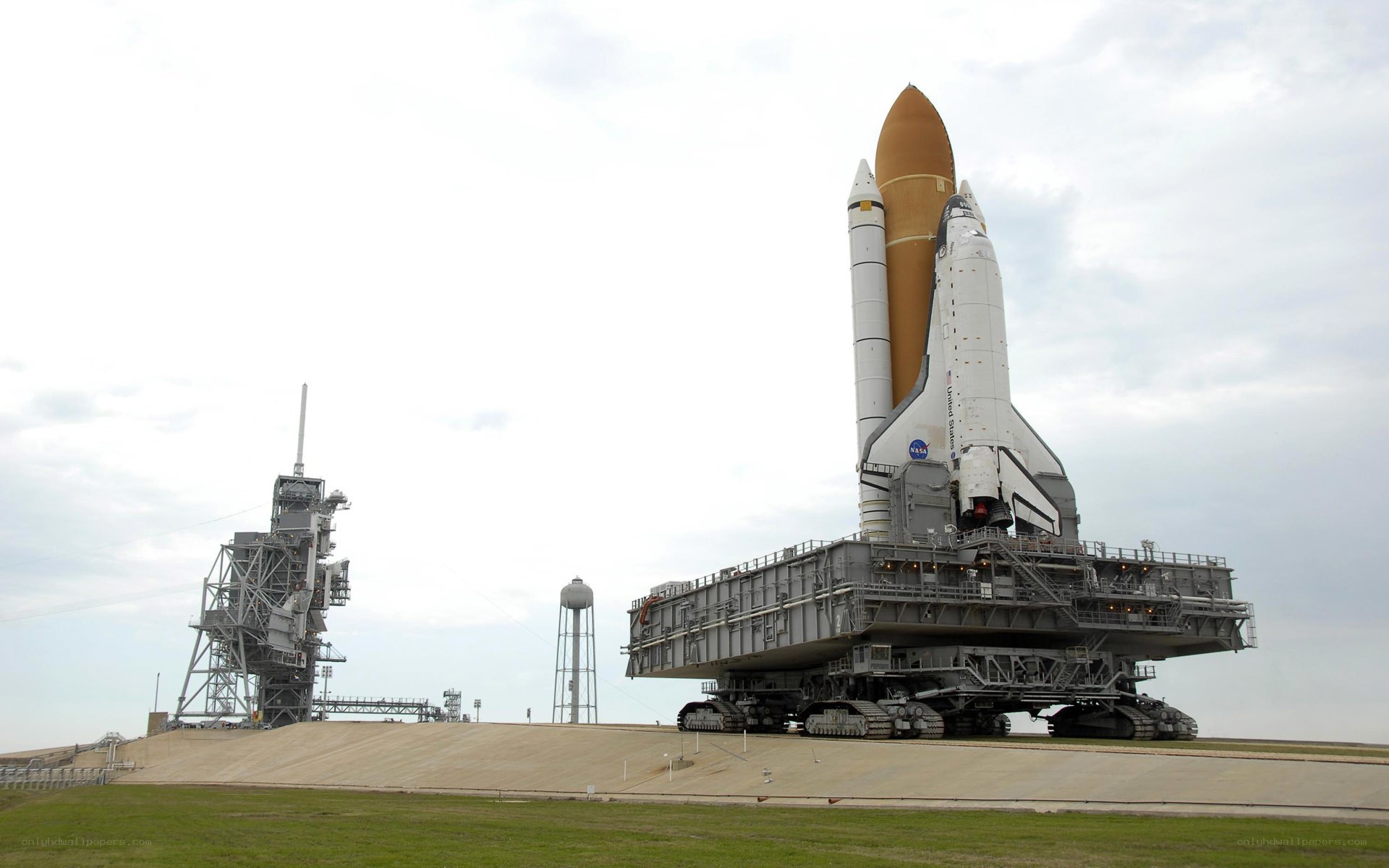 Space shuttle on transport vehicle