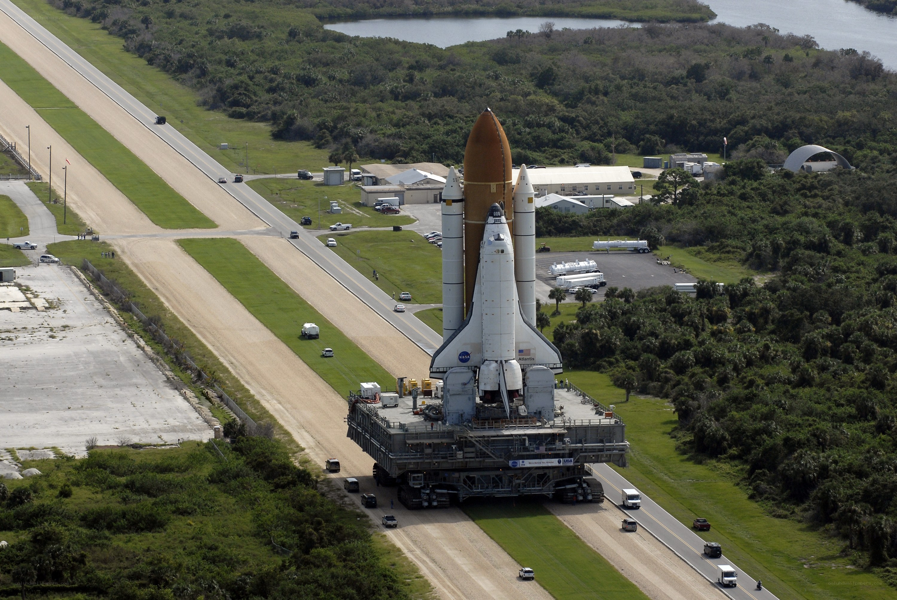 Space shuttle on transport vehicle