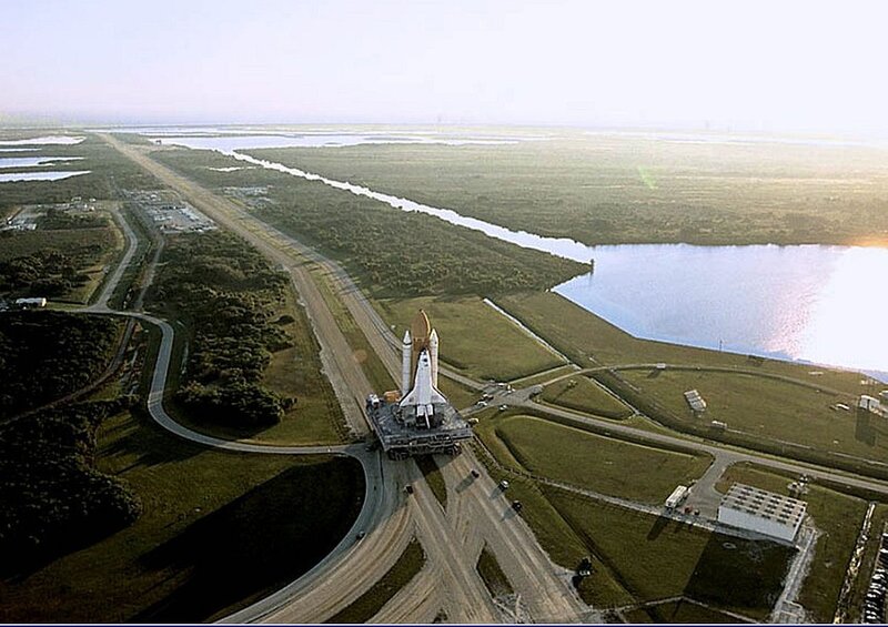 Space shuttle on transport vehicle