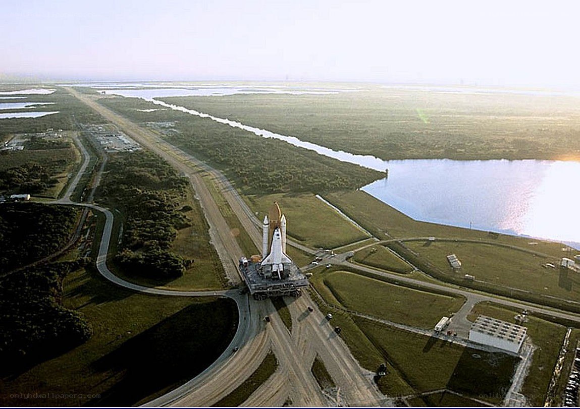 Space shuttle on transport vehicle