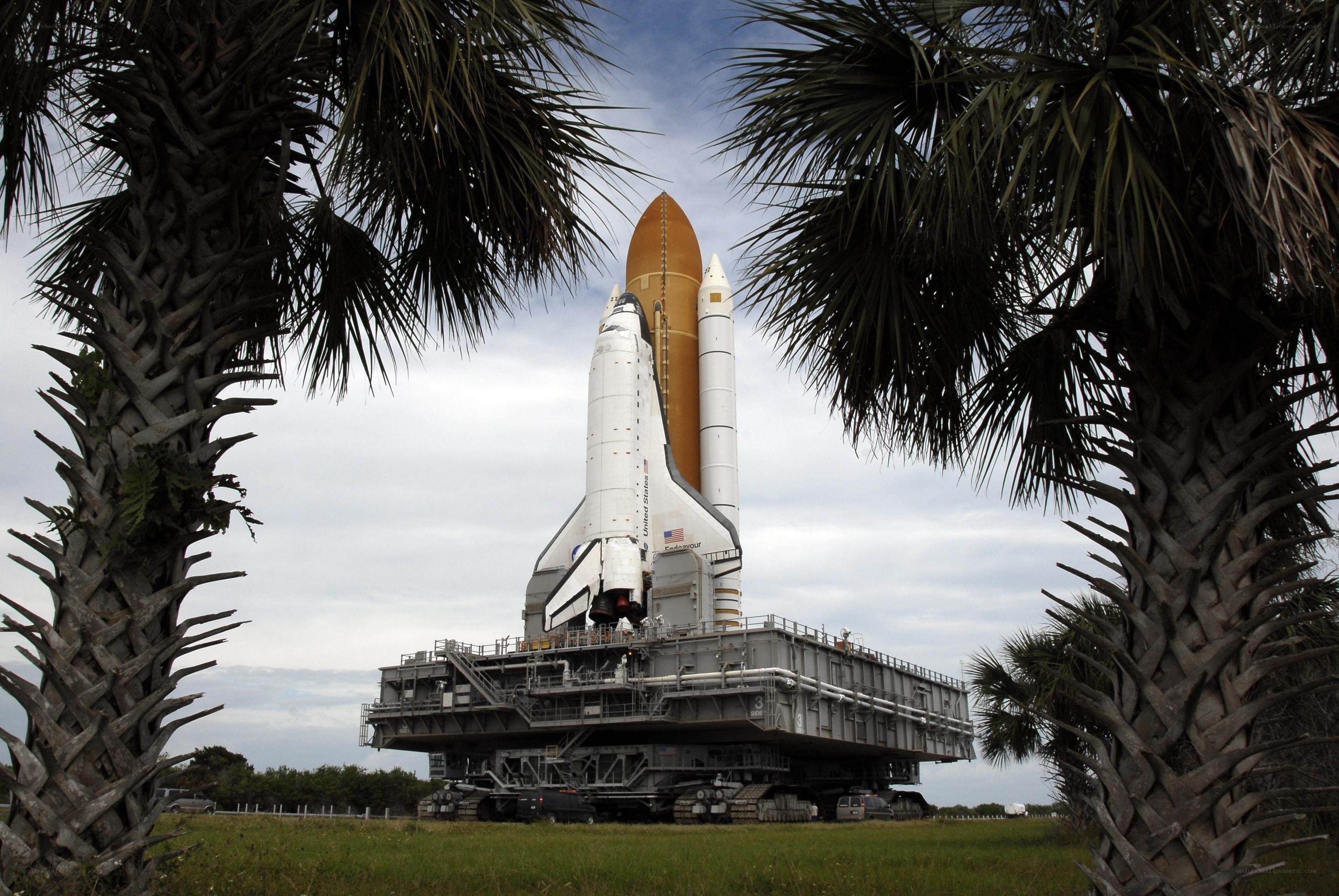 Space shuttle on transport vehicle