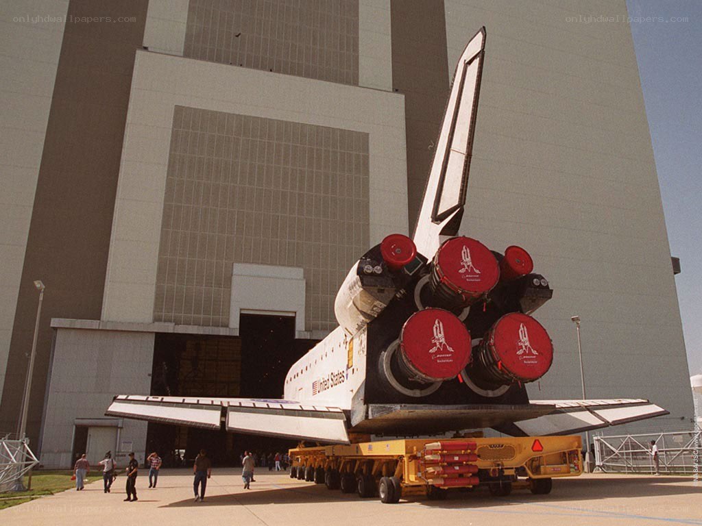 Space shuttle on transport vehicle
