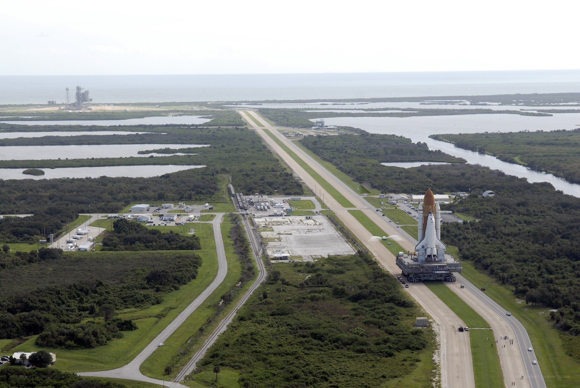 Space shuttle on transport vehicle