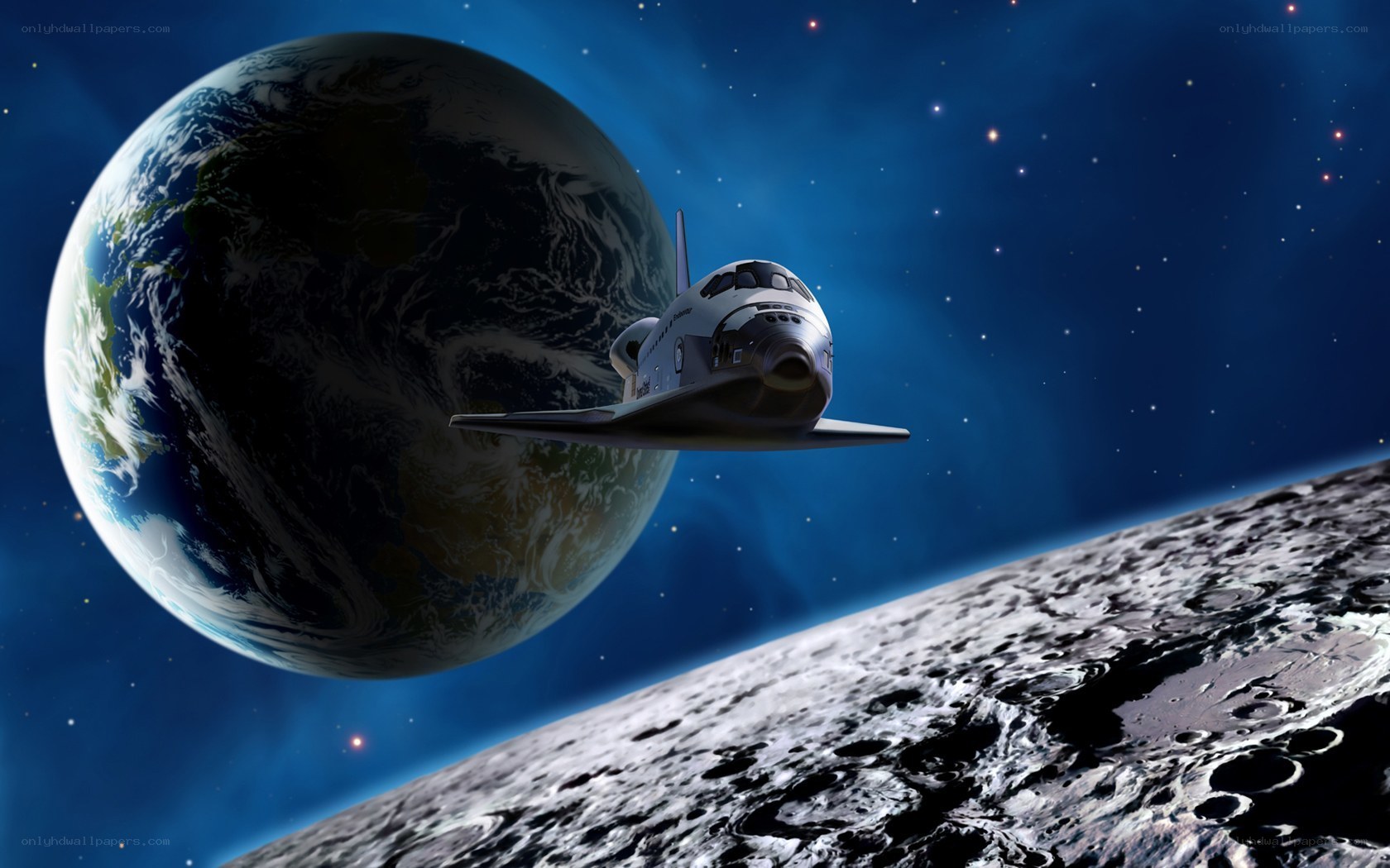 Space shuttle orbiting Earth and Moon