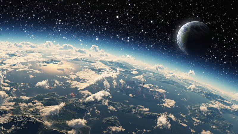 Space Station Above Planet — Blue, Dramatic, Digital Art