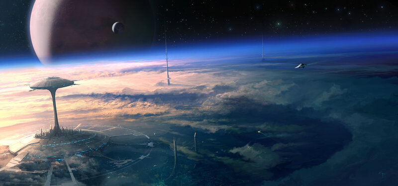 Space Station Above Planet — Blue, Dramatic, Sunset, Digital Art